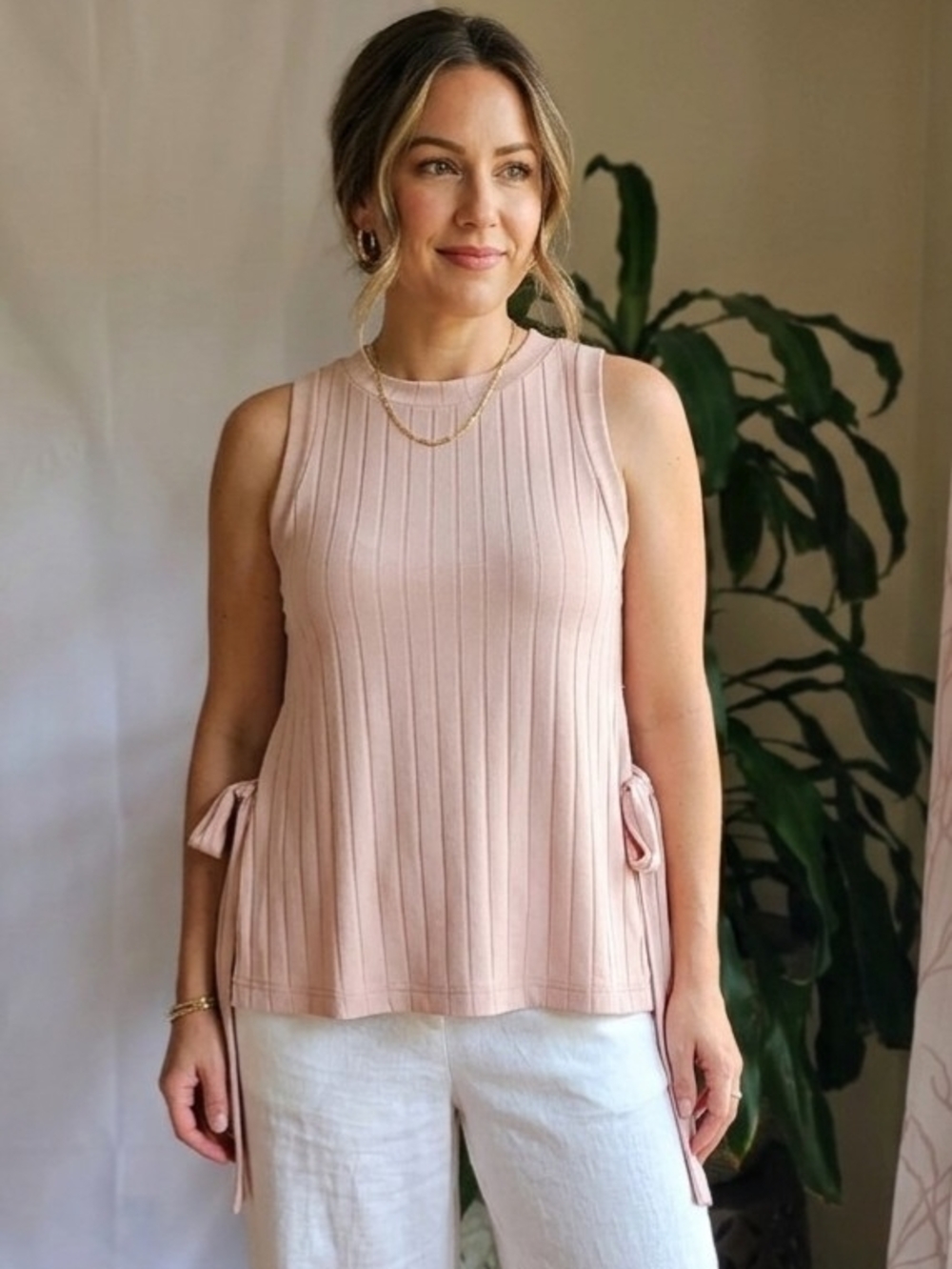 ​SANCIA Ribbed Knit Sleeveless Tank Top Blush Pink Side Tie Detail Sz XS Cotton